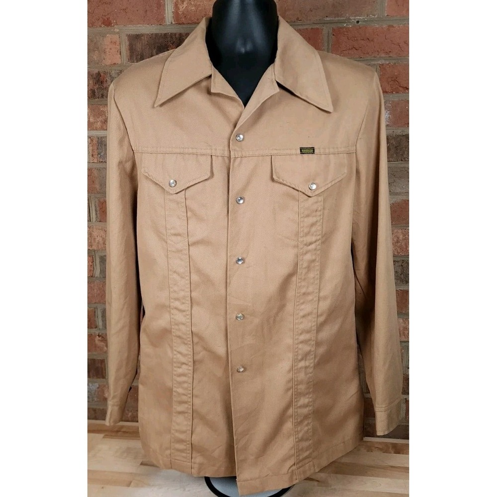 Maverick Blue Bell Khaki Brown Mens Medium Pearl Snap Shirt Made In USA